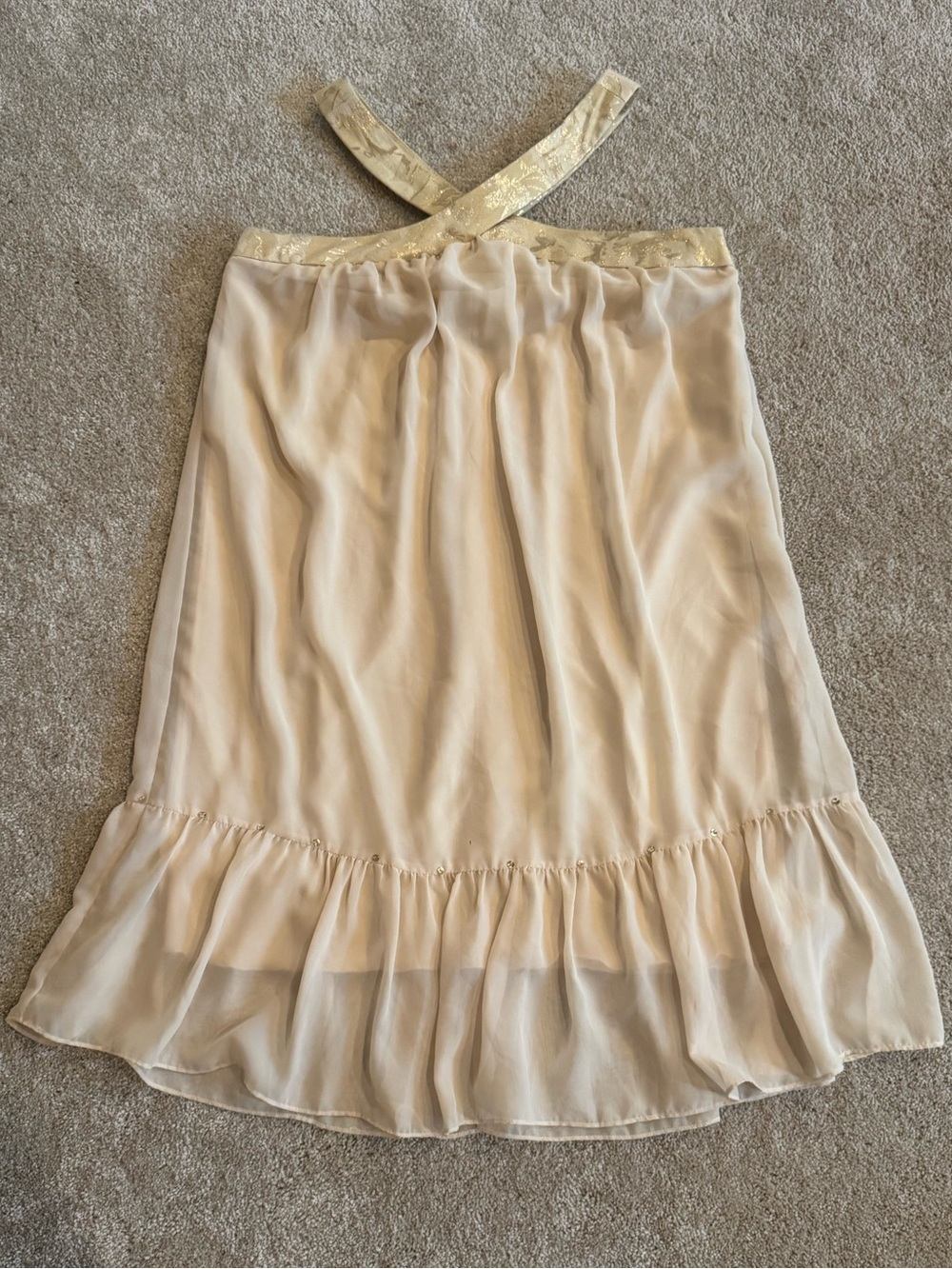 Vintage Butter Yellow Chiffon Dress Sequin Trim Crossover Halter Balletcore